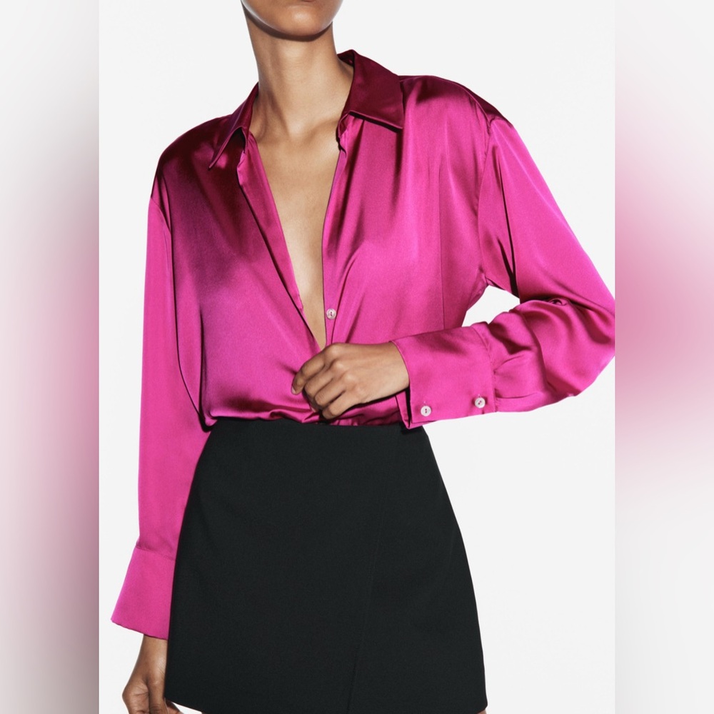 Zara Magenta Satin Button-Down Shirt